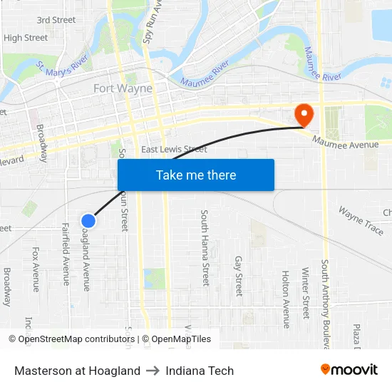 Masterson at Hoagland to Indiana Tech map