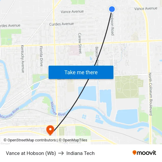 Vance at Hobson (Wb) to Indiana Tech map