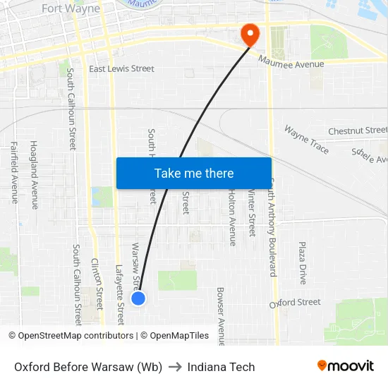 Oxford Before Warsaw (Wb) to Indiana Tech map