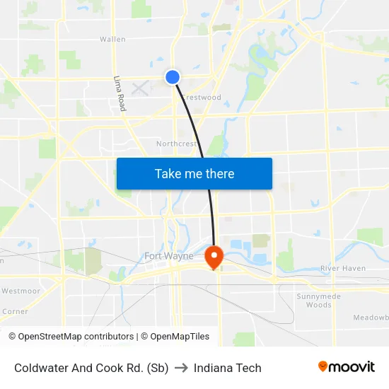 Coldwater And Cook Rd. (Sb) to Indiana Tech map