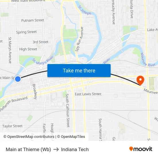 Main at Thieme (Wb) to Indiana Tech map