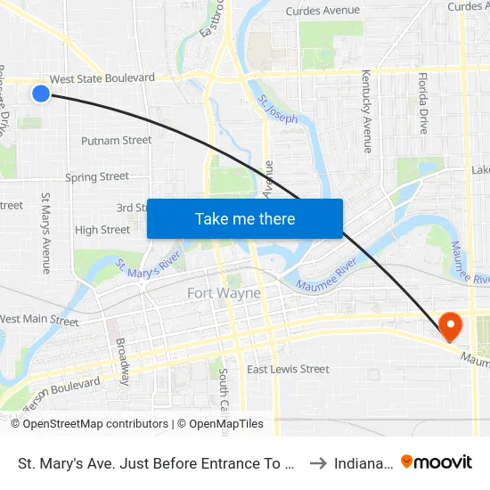 St. Mary's Ave. Just Before Entrance To Belmont Liquors (Sb) to Indiana Tech map