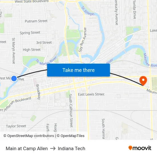 Main at Camp Allen to Indiana Tech map