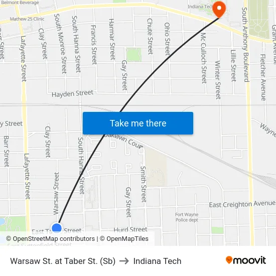 Warsaw St. at Taber St. (Sb) to Indiana Tech map