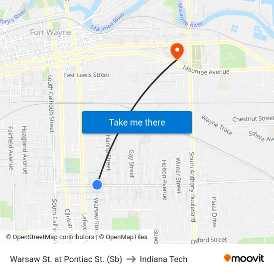 Warsaw St. at Pontiac St. (Sb) to Indiana Tech map