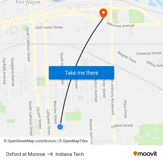Oxford at Monroe to Indiana Tech map
