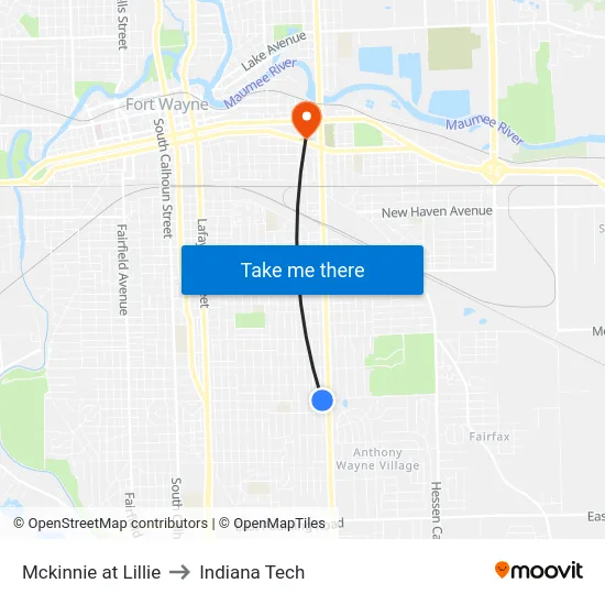 Mckinnie at Lillie to Indiana Tech map