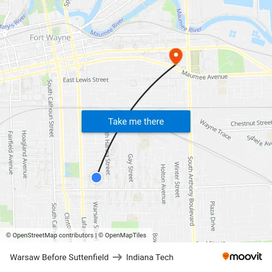 Warsaw Before Suttenfield to Indiana Tech map