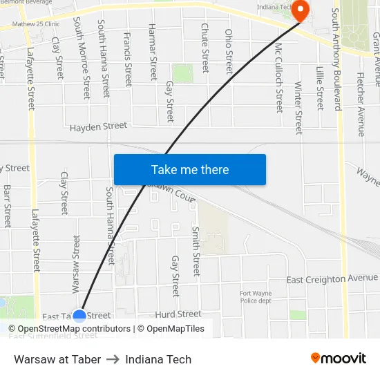 Warsaw at Taber to Indiana Tech map