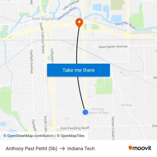 Anthony Past Pettit (Sb) to Indiana Tech map
