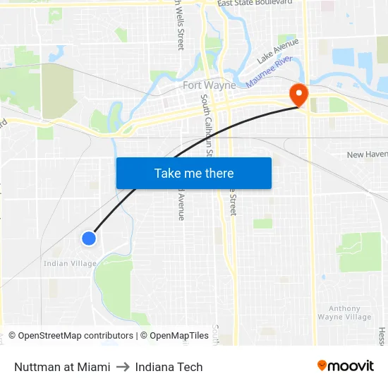 Nuttman at Miami to Indiana Tech map