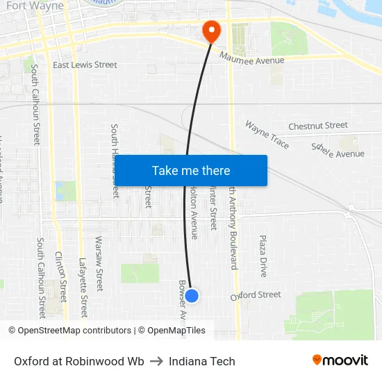 Oxford at Robinwood Wb to Indiana Tech map