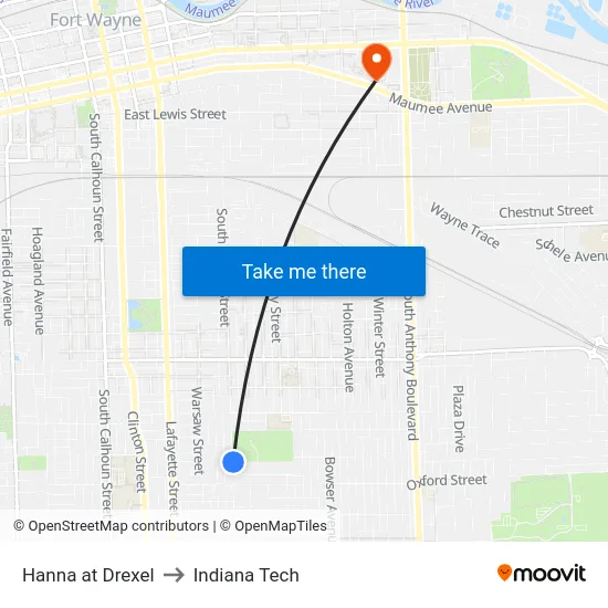 Hanna at Drexel to Indiana Tech map
