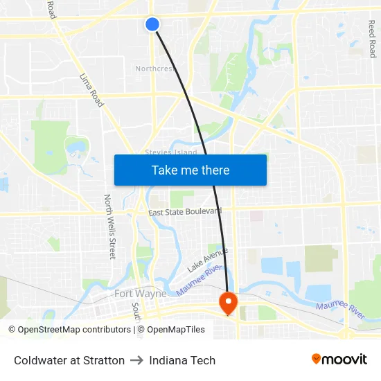 Coldwater at Stratton to Indiana Tech map