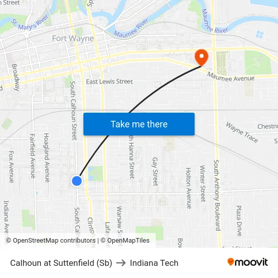 Calhoun at Suttenfield (Sb) to Indiana Tech map
