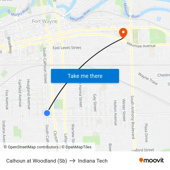 Calhoun at Woodland (Sb) to Indiana Tech map