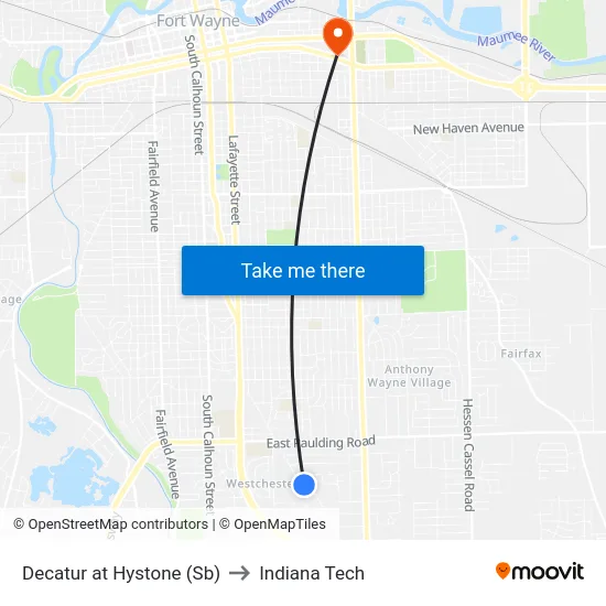 Decatur at Hystone (Sb) to Indiana Tech map