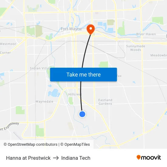 Hanna at Prestwick to Indiana Tech map