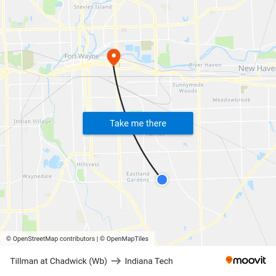 Tillman at Chadwick (Wb) to Indiana Tech map