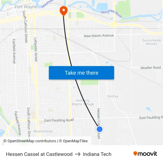 Hessen Cassel at Castlewood to Indiana Tech map