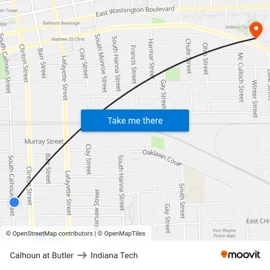 Calhoun at Butler to Indiana Tech map