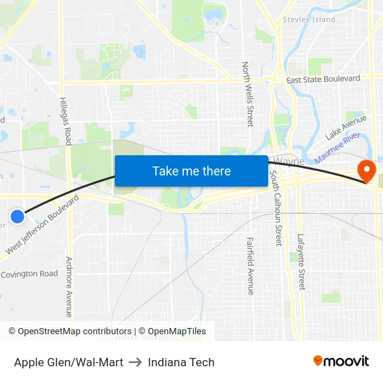 Apple Glen/Wal-Mart to Indiana Tech map