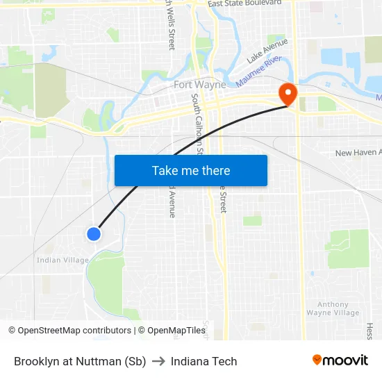 Brooklyn at Nuttman (Sb) to Indiana Tech map