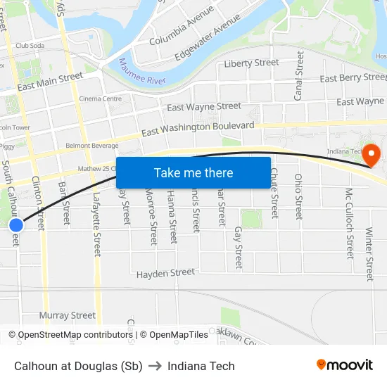 Calhoun at Douglas (Sb) to Indiana Tech map
