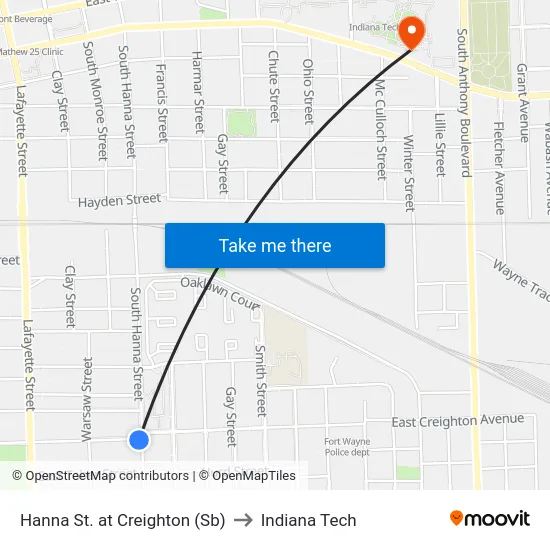 Hanna St. at Creighton (Sb) to Indiana Tech map