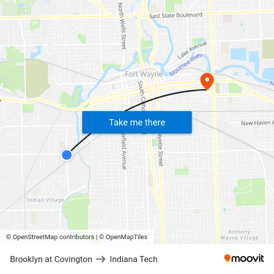Brooklyn at Covington to Indiana Tech map