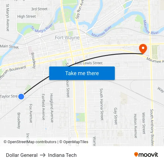 Dollar General to Indiana Tech map