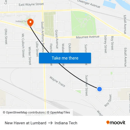 New Haven at Lumbard to Indiana Tech map