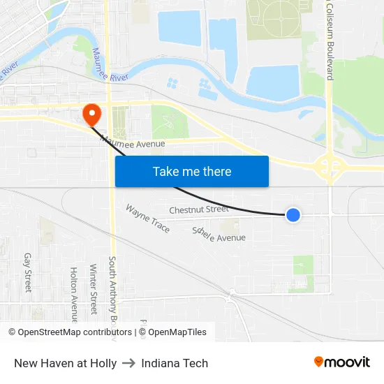 New Haven at Holly to Indiana Tech map