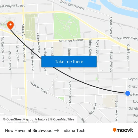 New Haven at Birchwood to Indiana Tech map