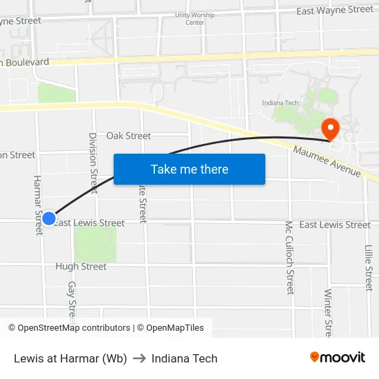 Lewis at Harmar (Wb) to Indiana Tech map