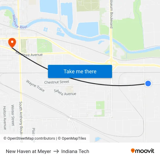 New Haven at Meyer to Indiana Tech map