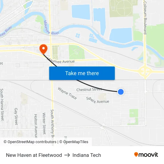 New Haven at Fleetwood to Indiana Tech map