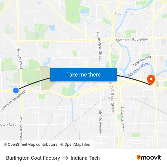 Burlington Coat Factory to Indiana Tech map