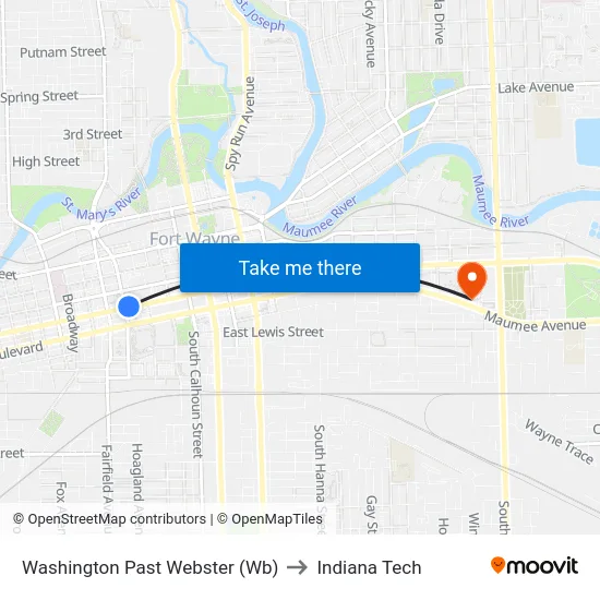Washington Past Webster (Wb) to Indiana Tech map