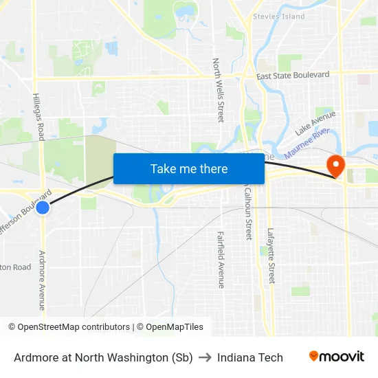 Ardmore at North Washington (Sb) to Indiana Tech map