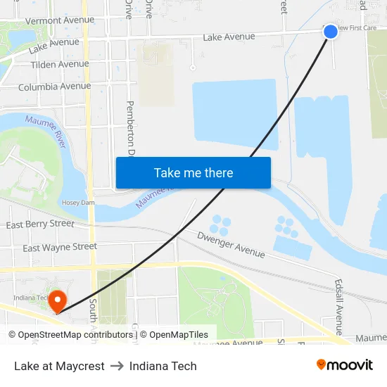 Lake at Maycrest to Indiana Tech map