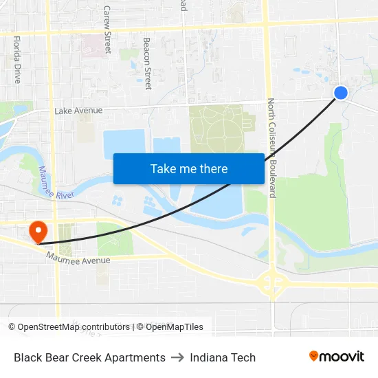 Black Bear Creek Apartments to Indiana Tech map