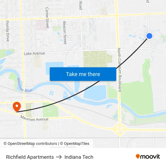Richfield Apartments to Indiana Tech map