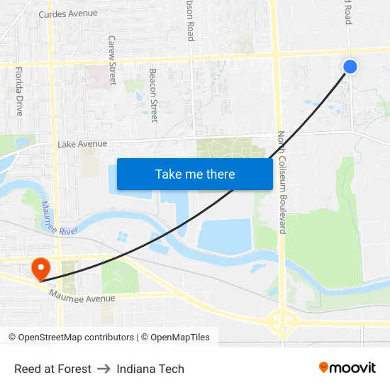 Reed at Forest to Indiana Tech map