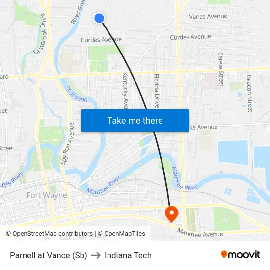 Parnell at Vance (Sb) to Indiana Tech map