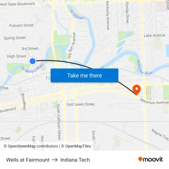 Wells at Fairmount to Indiana Tech map