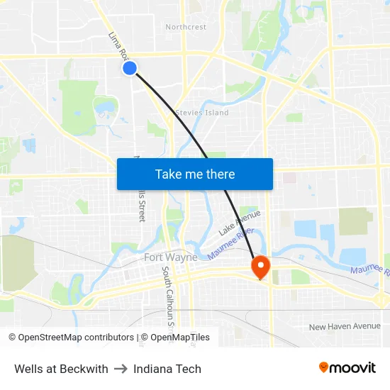 Wells at Beckwith to Indiana Tech map