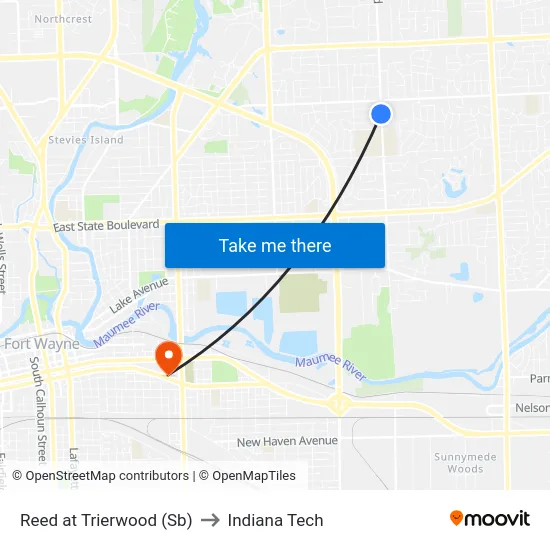 Reed at Trierwood (Sb) to Indiana Tech map