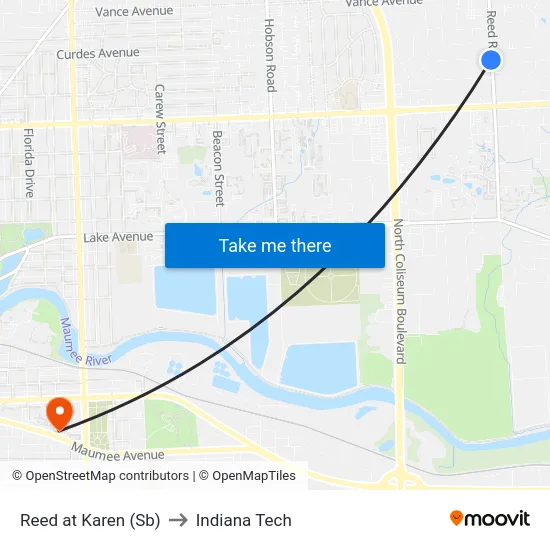 Reed at Karen (Sb) to Indiana Tech map