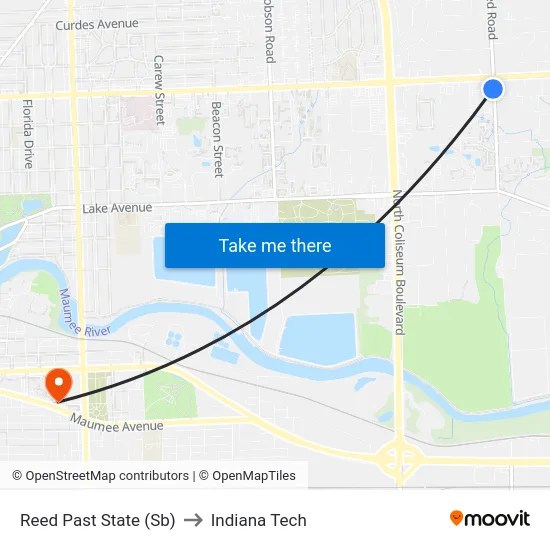 Reed Past State (Sb) to Indiana Tech map